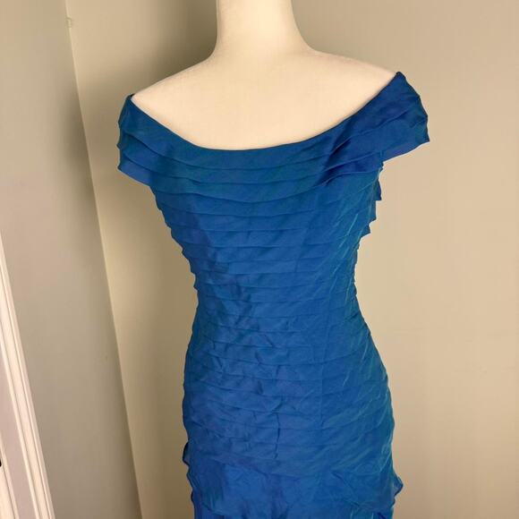 Blue Tadashi Collection off the shoulder formal gown dress ruffles tiered - US 2 - Picture 6 of 8
